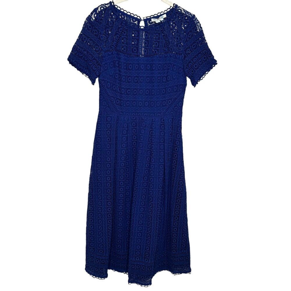 Boden Dress Womens US 4 Blue Lace Crochet Midi Short Sleeve Cotton Fit Flare